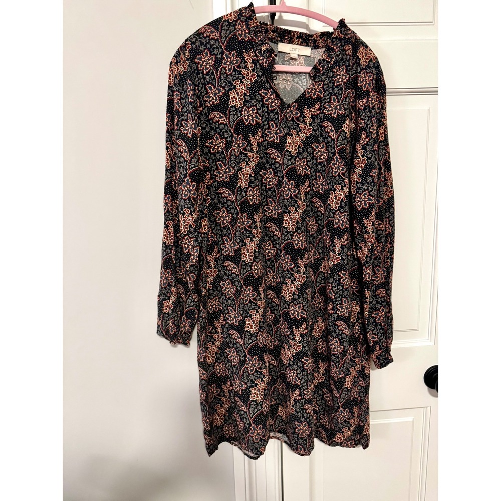 LOFT Navy Paisley Botanical Shift Dress M 100% Rayon Long Sleeve Loft
